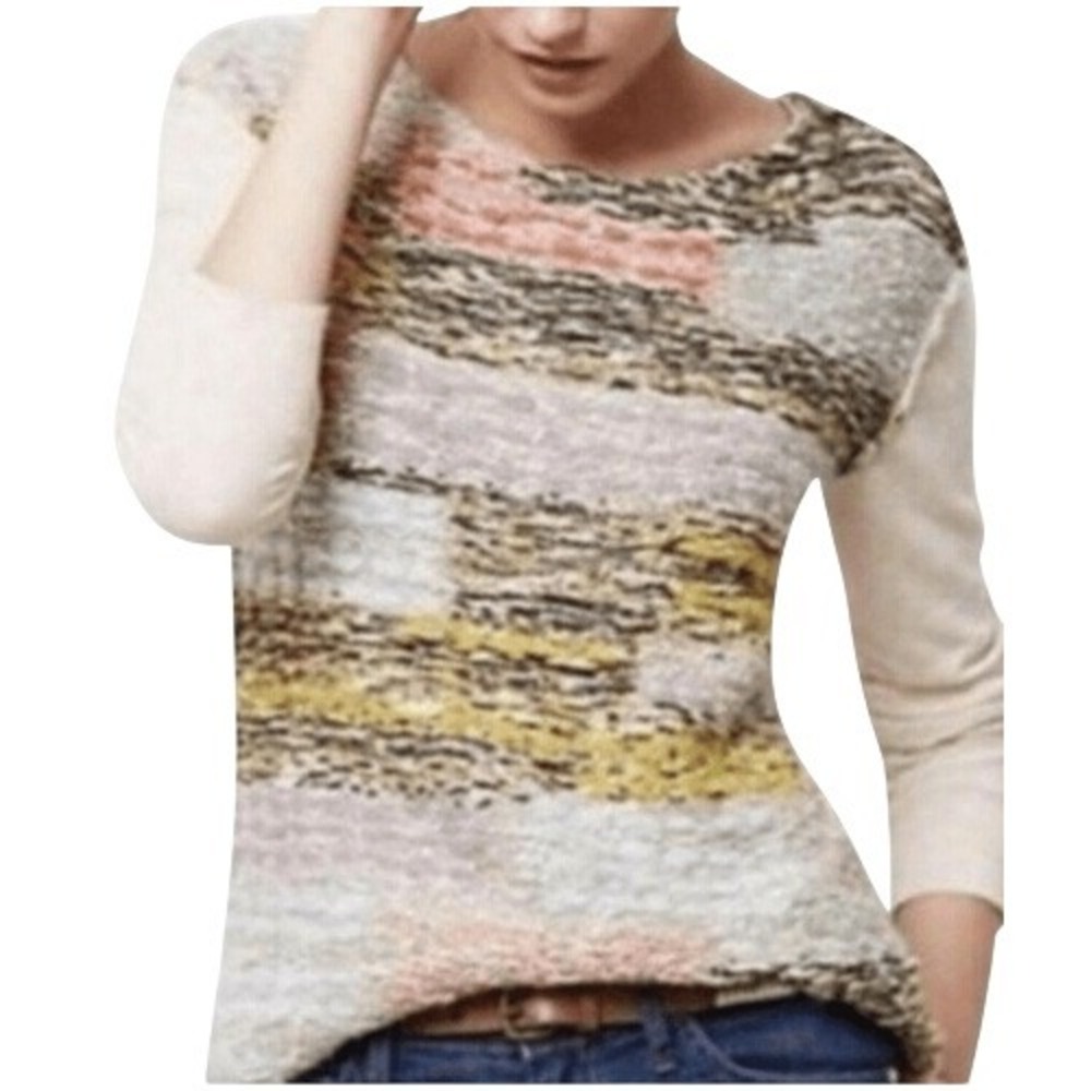 ANTHROPOLOGIE MOTH Tan Color Block Marled L/S Knit Sweater EUC Size XS